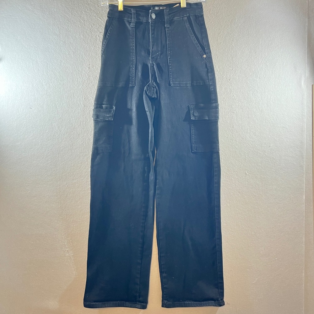 695 | Judy Blue Cargo Wide Leg Utility Jeans High Rise Stretch Black Womens 1/25